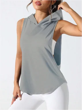 Workout Top Hooded Tank Graphic Print Gym Yoga Shirt White in Grey