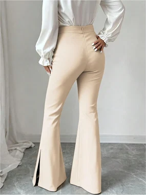 High Waisted Flared Dressy Pants Side Slit Trousers Black in Apricot