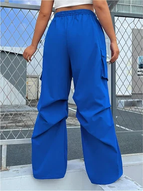 Plus Size Drawstring Waist Wide Leg Cargo Pants Black in Blue