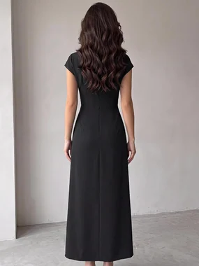 Cap Sleeve Belted Maxi Dress Brown in Black