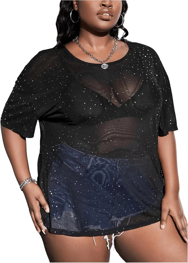 Plus Size See Through Glitter Mesh Sequin Tops T Shirts by OYOANGLE, photograph 3 of 3