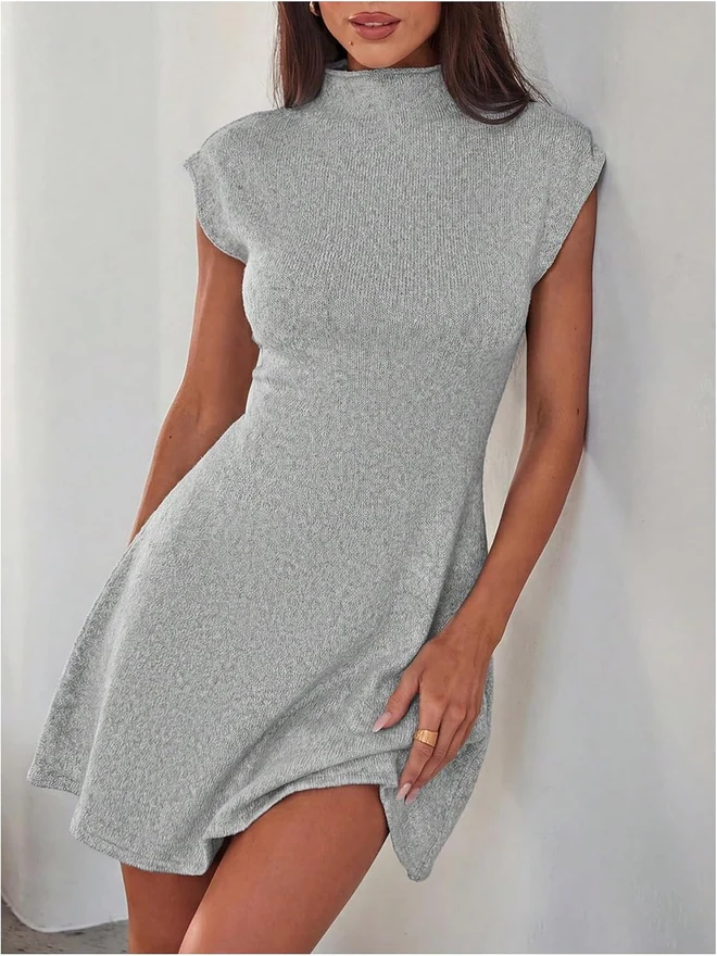 Cap Sleeve Mini Sweater Dress Elegant Mock Neck Dresses by OYOANGLE, photograph 2 of 3