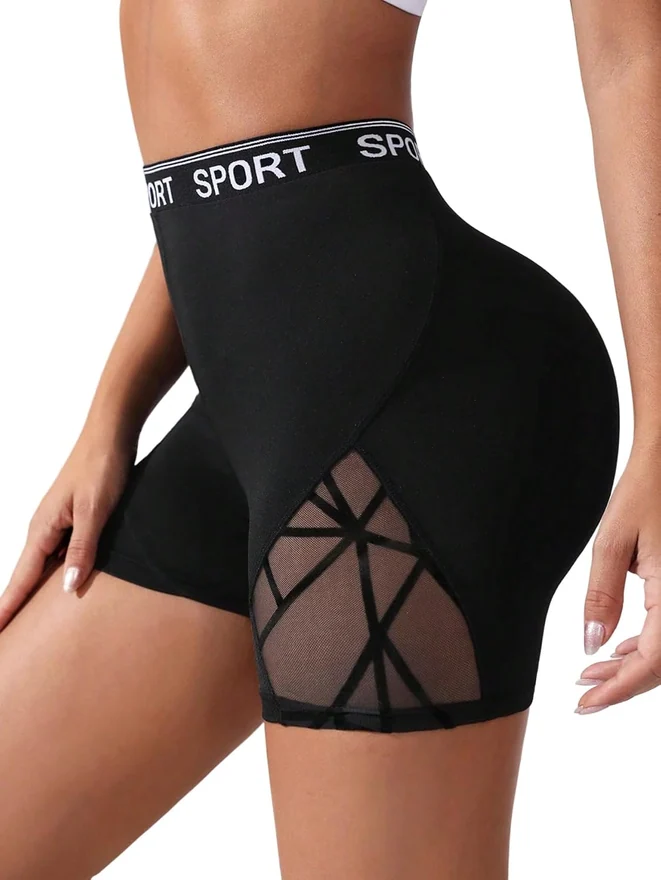 High Waisted Biker Shorts Letter Print Mesh Tummy Control Yoga by OYOANGLE