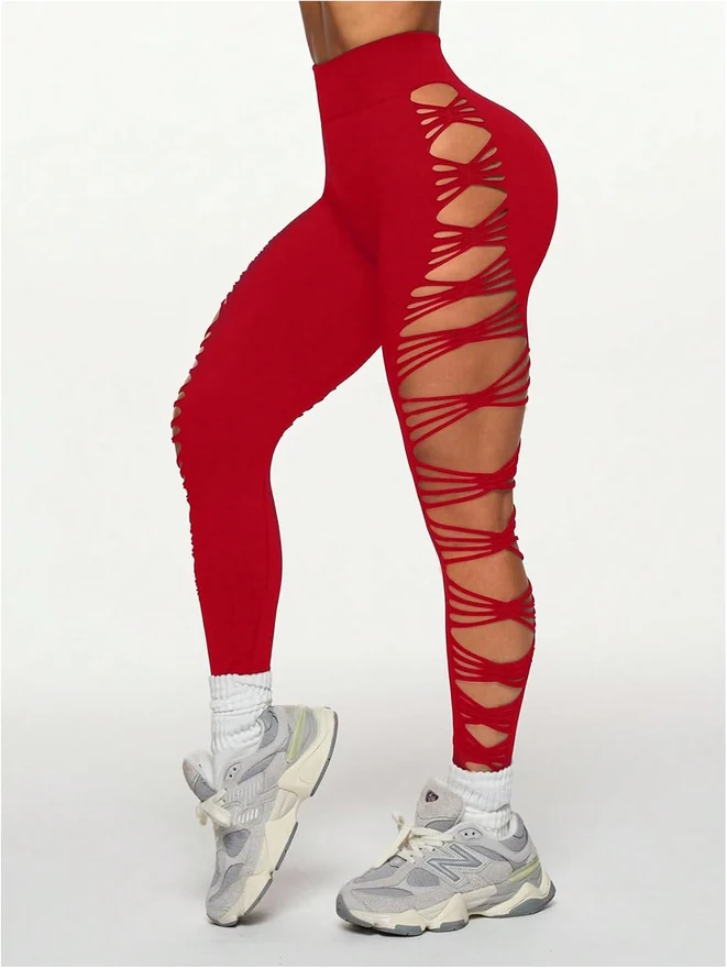 Y2k Ripped High Waist Seamless Leggings Red by OYOANGLE, photograph 2 of 4