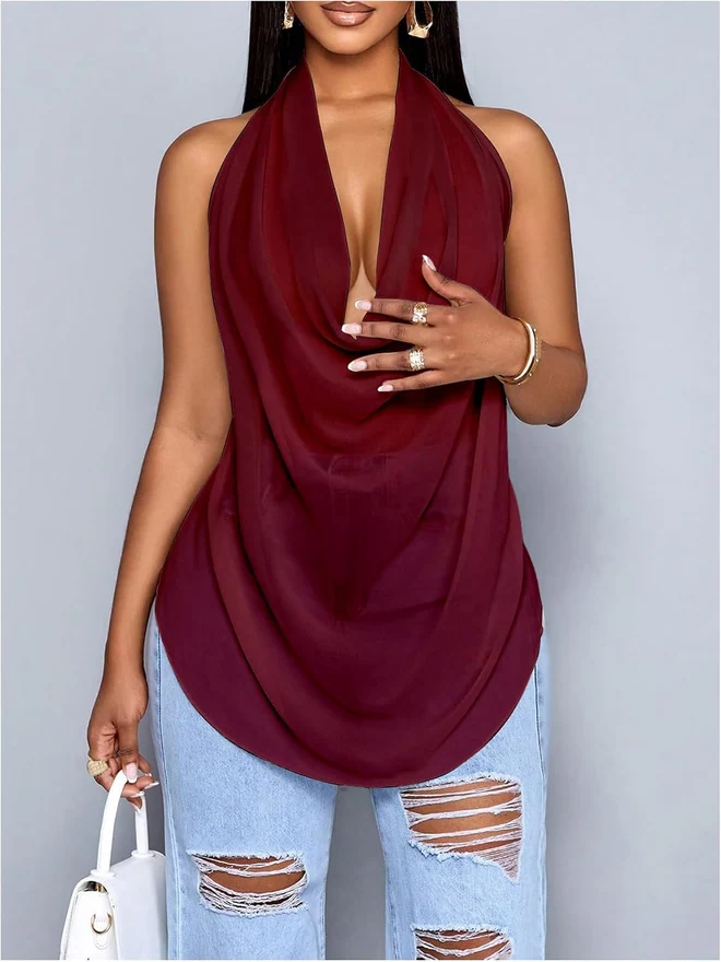 Cowl Neck Halter Tops for Women Backless See Through Draped Top by OYOANGLE, photograph 4 of 4
