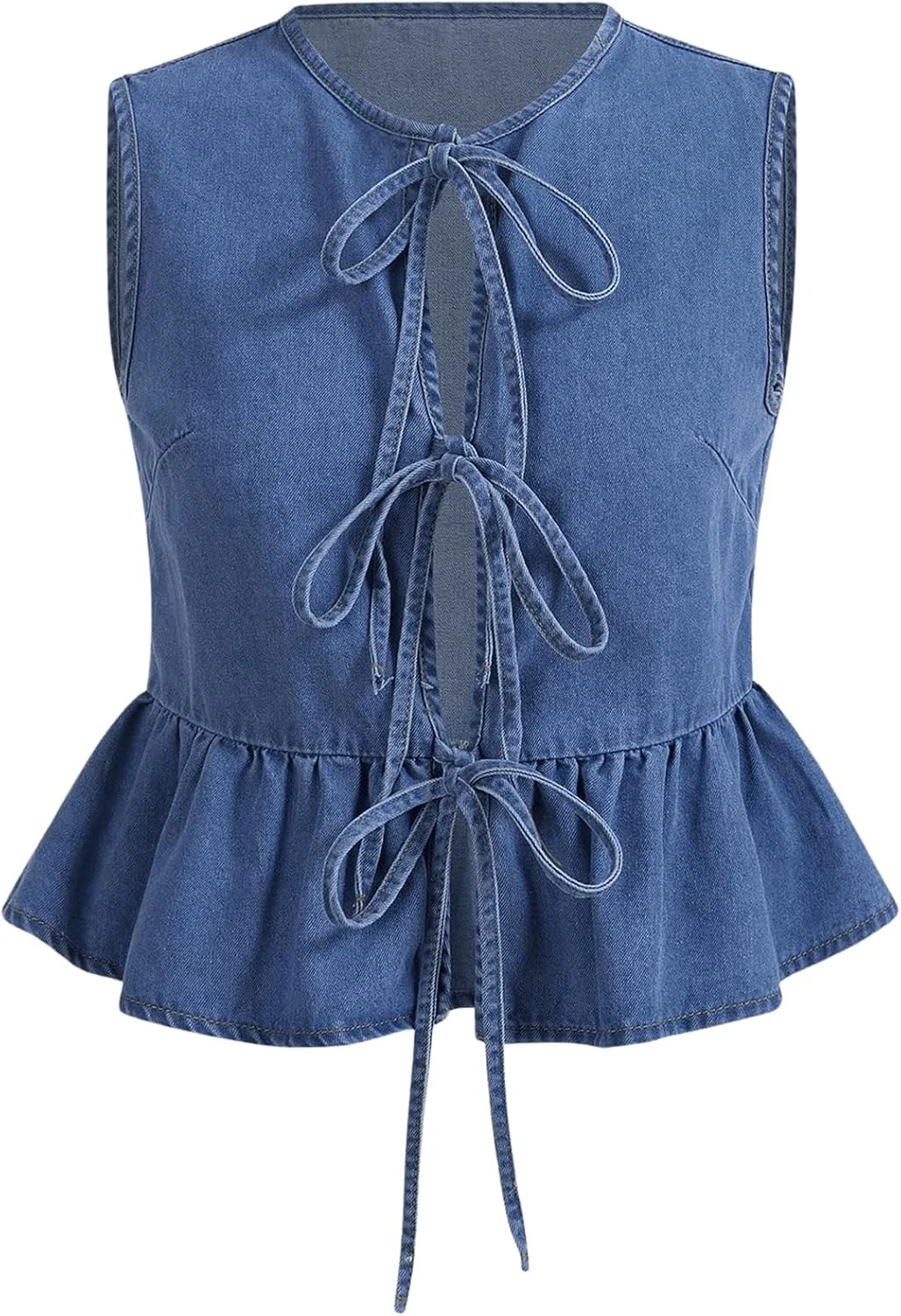 Plus Size Denim Tie Front Vest Sleeveless Jean Jackets by OYOANGLE, photograph 1 of 4
