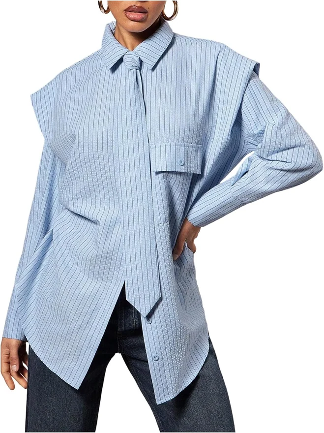 Striped Button Down Blouses Long Sleeve Oversized Shirts with by OYOANGLE