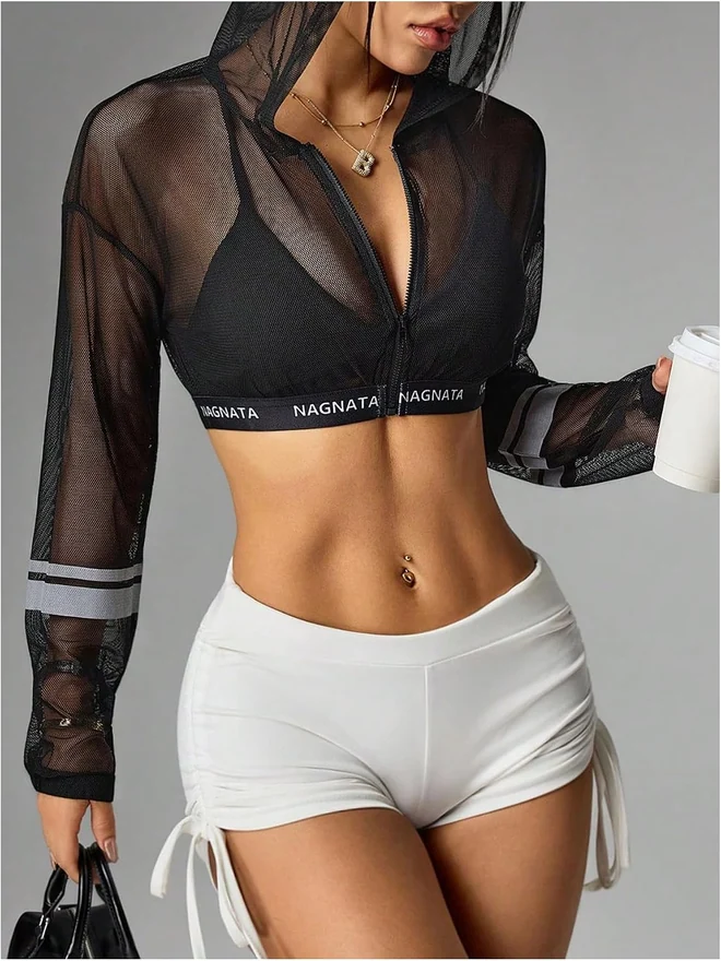 Y2k Cropped Gym Hoodie Sheer Mesh Zip Up Sports Hoodies by OYOANGLE, photograph 4 of 4