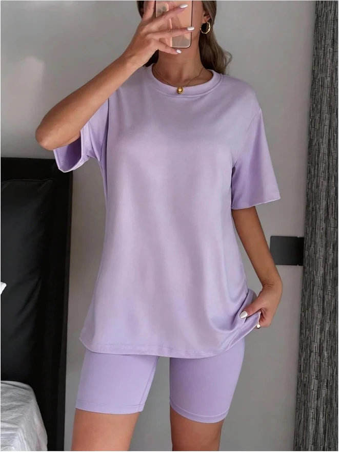 Pajama Sets for Women 2 Piece Short Sleeve Tshirt and Biker by OYOANGLE, photograph 2 of 4