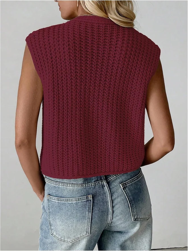 Button Up Chunky Sweater Vest Sleeveless V Neck Knitwear by OYOANGLE, photograph 3 of 4