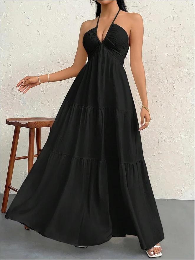 Summer Beach Halter Sundress Formal Wedding Guest Dress by OYOANGLE, photograph 3 of 3