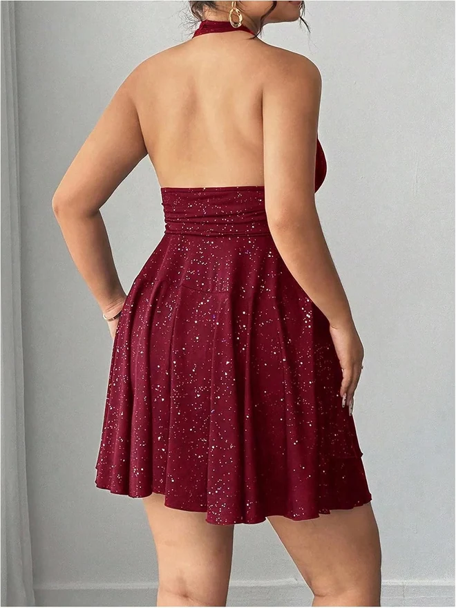 Plus Size Sequin Sparkly Sleeveless Halter Short Dress Red by OYOANGLE, photograph 2 of 4