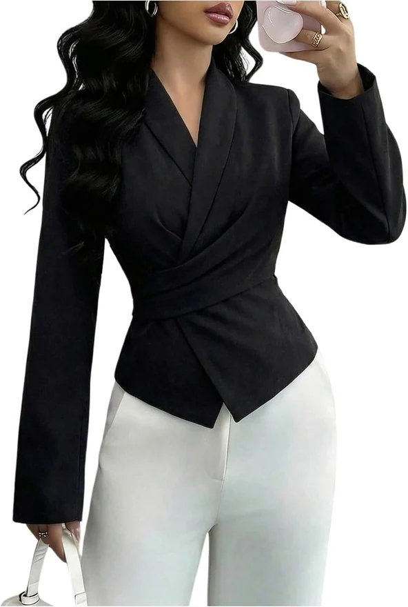 Wrap Front Blazer Blouse Long Sleeve Tie Back Cinched Waist by OYOANGLE