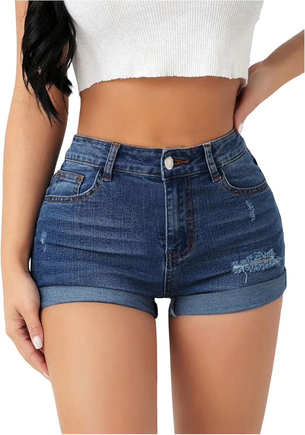 Ripped Denim Shorts Stretchy Rolled Hem Jean Shorts by OYOANGLE, photograph 1 of 4
