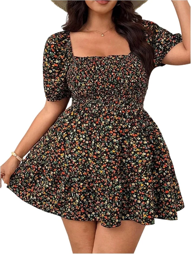 Plus Size Floral Print Ruffle A Line Short Dress by OYOANGLE