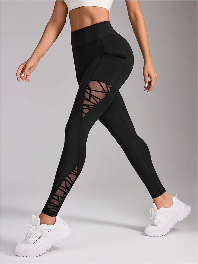 High Waisted Mesh Yoga Leggings Tummy Control Workout Athletic by OYOANGLE, photograph 2 of 3