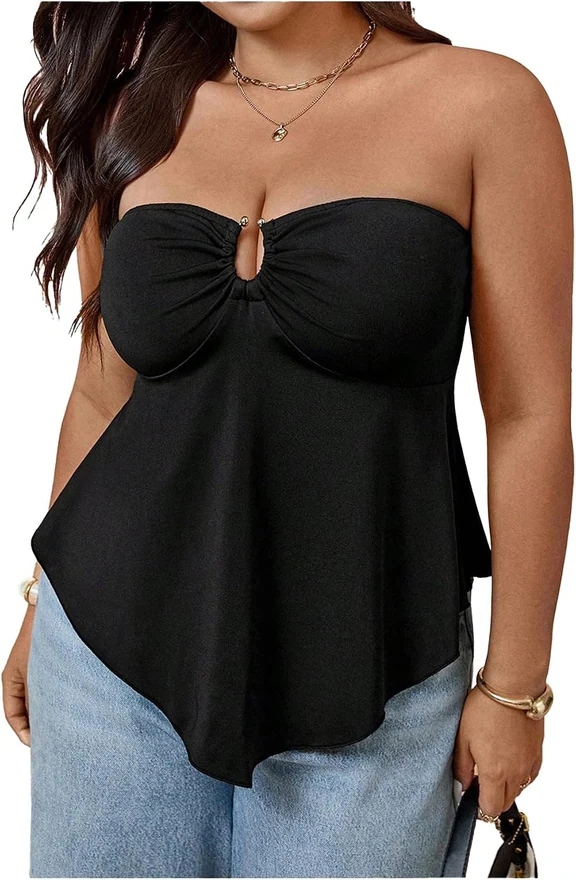 Plus Size Strapless Ruffle Tube Top Black by OYOANGLE