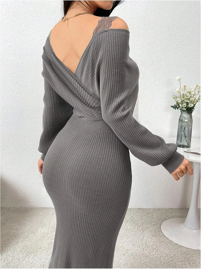 Off Shoulder Bodycon Sweater Dress Wrap V Neck Knit Dress by OYOANGLE