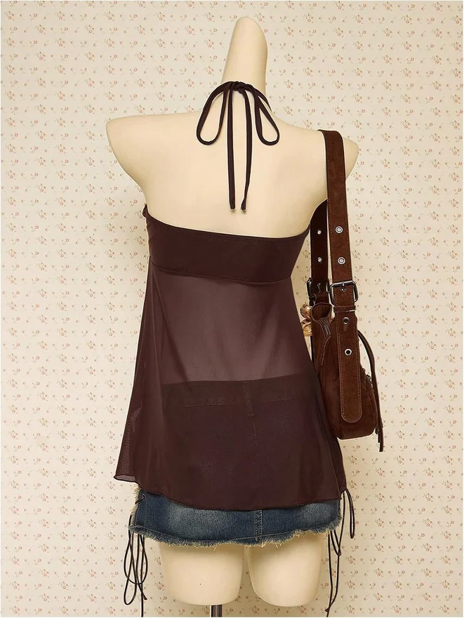 Boho Tops Chic Beaded Halter Top Y2K Flowy Mesh Tank Tops by OYOANGLE, photograph 2 of 3
