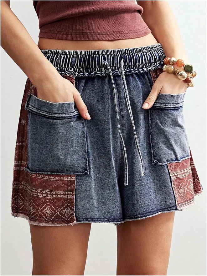 Boho Patchwork Jean Shorts Washed Drawstring High Waisted Wide by OYOANGLE, photograph 4 of 4