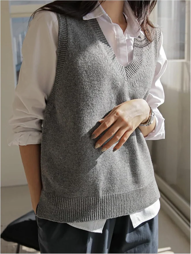 V Neck Sweater Vest Basic Solid Preppy Style Sleeveless Pullover by OYOANGLE, photograph 2 of 4