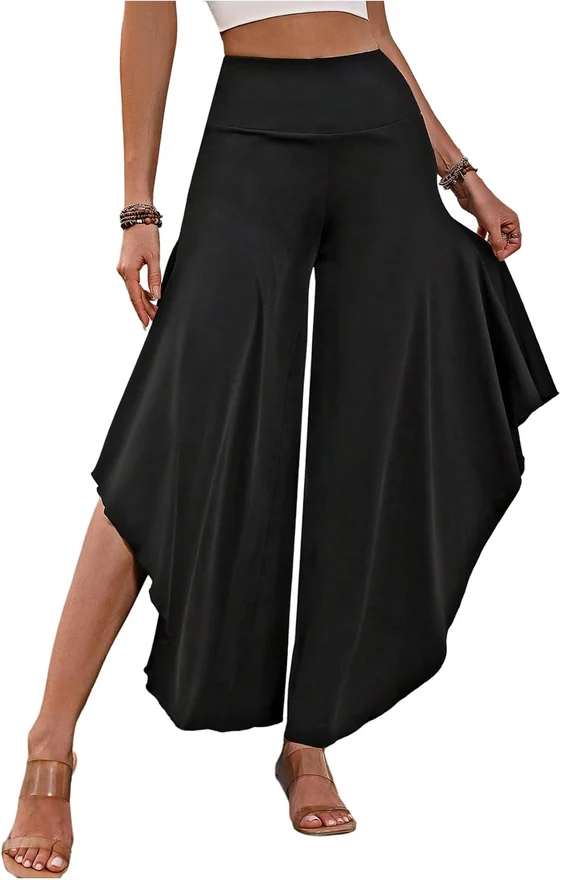 Ruffle Flare Leg Elegant Pants Black by OYOANGLE