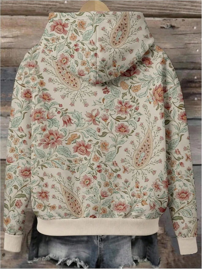 Plus Size Floral Graphic Hoodie with Pockets Boho Top Beige and by OYOANGLE, photograph 2 of 3
