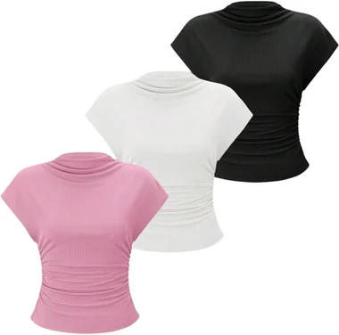 3 Pack Business Casual Outfits Mock Neck Ribbed Tank Tops in Black White Light Pink