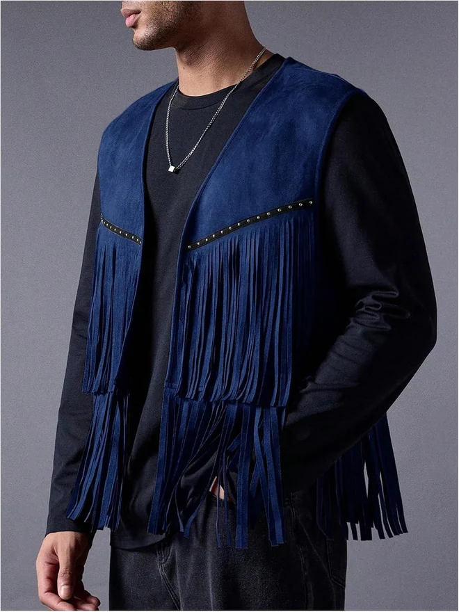 Casual Suede Top Shirt Boho Fringe Trim Open Front Sleeveless by OYOANGLE, photograph 4 of 4