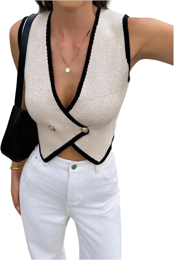 V Neck Button Up Sweater Vest Sleeveless Cropped Knit Tops by OYOANGLE