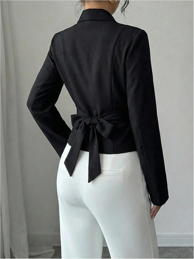 Wrap Front Blazer Blouse Long Sleeve Tie Back Cinched Waist by OYOANGLE, photograph 3 of 4