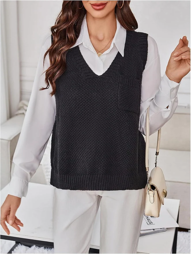 Sweater Vest V Neck Chest Pocket Side Slit Sleeveless Sweater by OYOANGLE, photograph 2 of 3