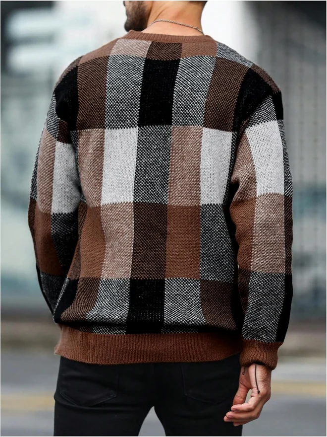 Colorblock Plaid Long Sleeve Crew Neck Sweater Pullover Tops by OYOANGLE, photograph 2 of 4
