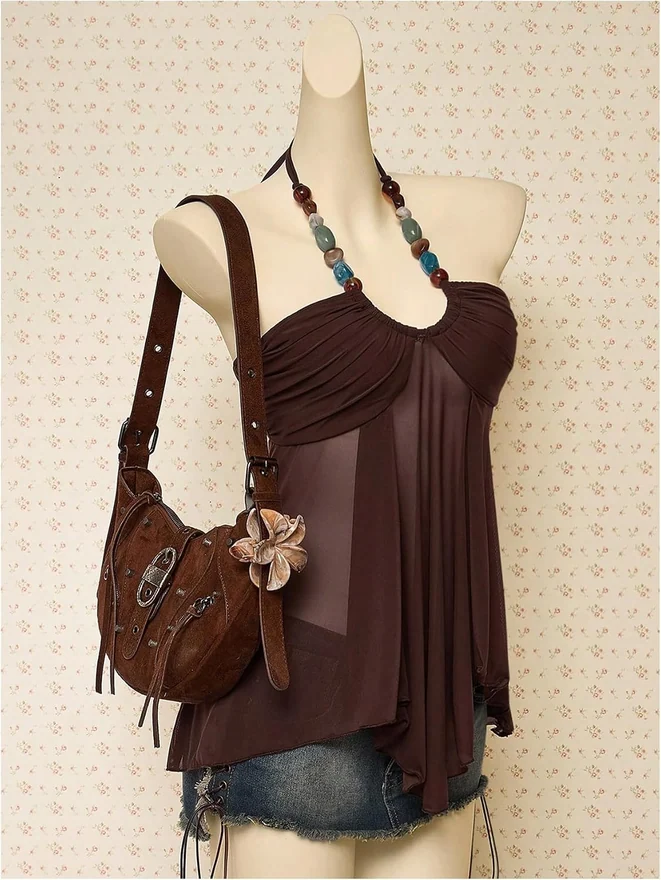 Boho Tops Chic Beaded Halter Top Y2K Flowy Mesh Tank Tops by OYOANGLE