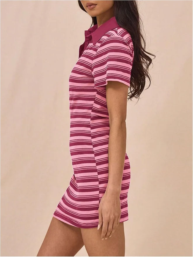 Short Sleeve Striped Shirtdress Half Button Contrast Collar Mini by OYOANGLE