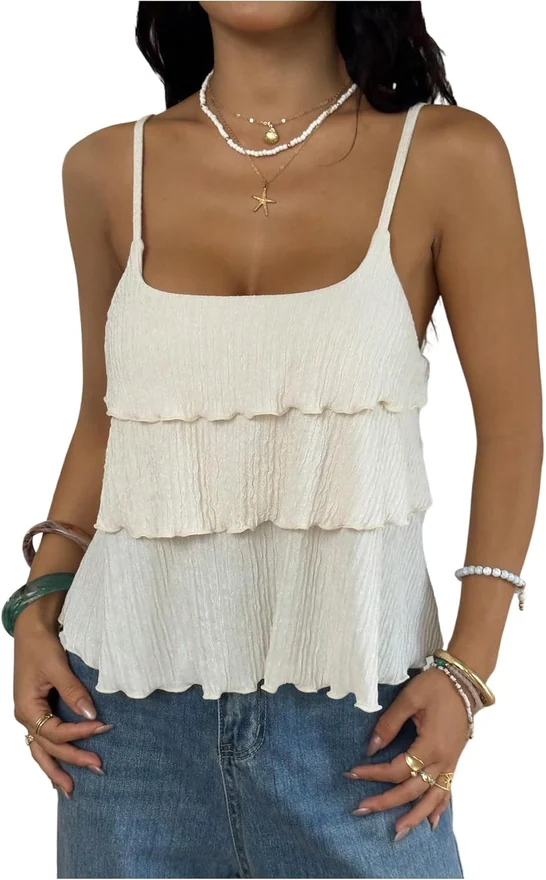 Layered Ruffle Cami Top Beige by OYOANGLE