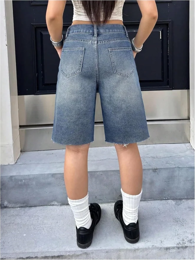 Y2k Baggy Jean Jorts Frayed Hem Bermuda Denim Shorts by OYOANGLE, photograph 2 of 3