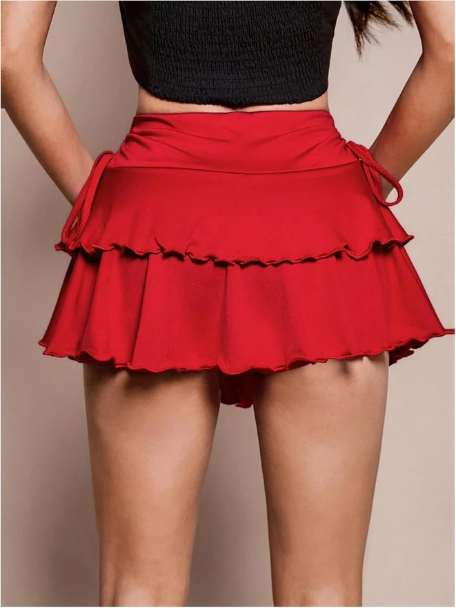 Low Rise Mini Skirt Y2K Layered Ruffle Drawstring Skorts by OYOANGLE, photograph 3 of 4