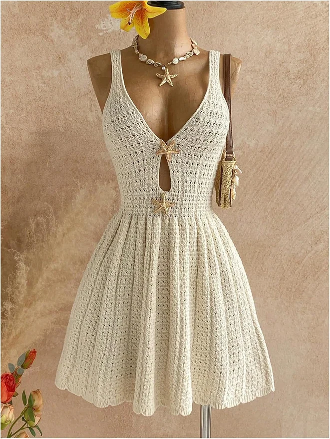 Crochet Dress Boho Hollow Out Ruffle Short Sweater Dress by OYOANGLE