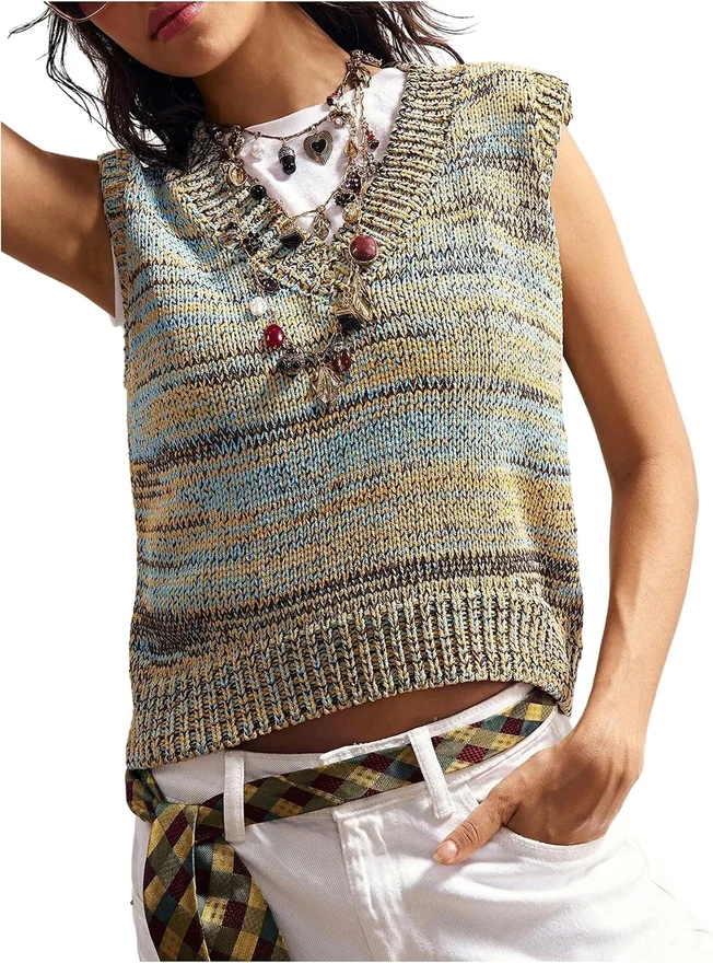 Vintage Striped Sweater Vest V Neck Sleeveless Knit Tops by OYOANGLE