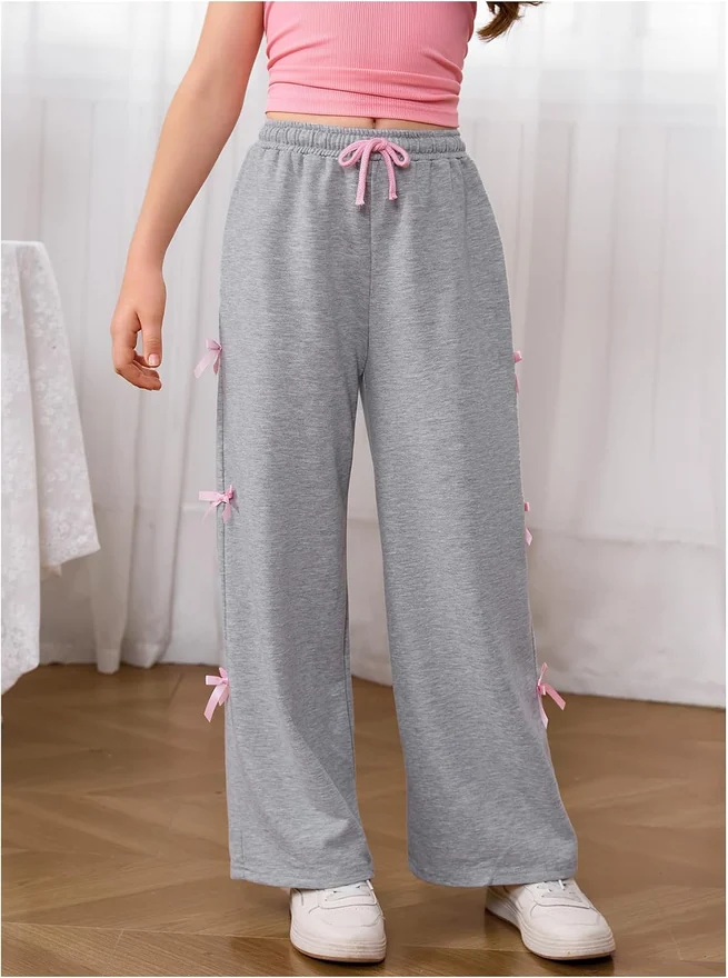 Girl's Drawstring Waist Bow Sweatpants Y2K Wide Leg Trousers by OYOANGLE, photograph 3 of 4