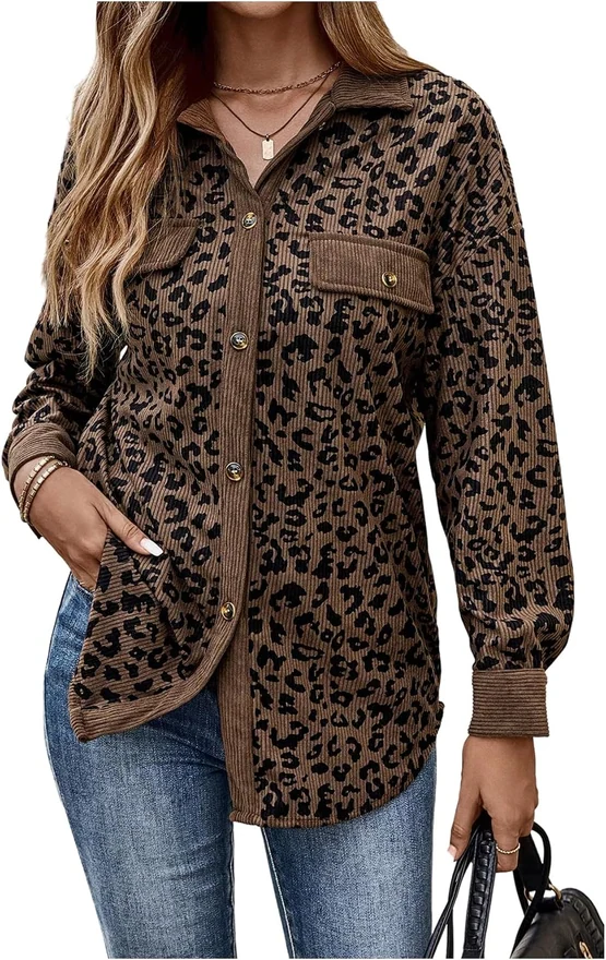 Cheetah Button Down Corduroy Jackets Long Sleeve Leopard Shacket by OYOANGLE