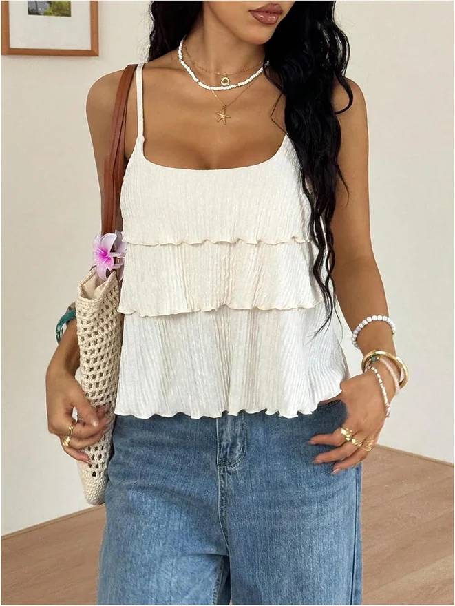 Layered Ruffle Cami Top Beige by OYOANGLE, photograph 4 of 4