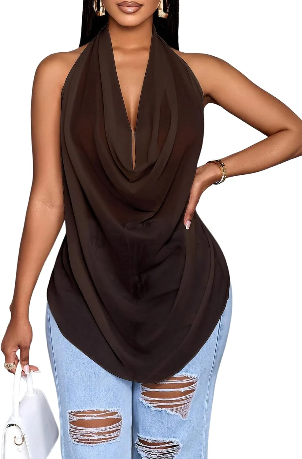 Cowl Neck Halter Tops for Women Backless See Through Draped Top by OYOANGLE, photograph 1 of 4