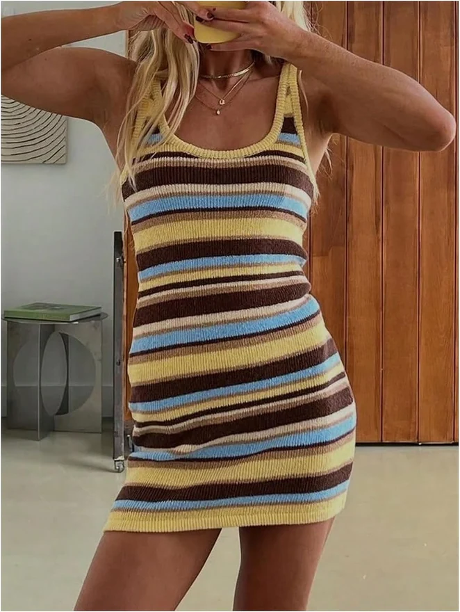 Striped Mini Dress Y2K Crochet Knit Dress Sweater Dress by OYOANGLE, photograph 4 of 4