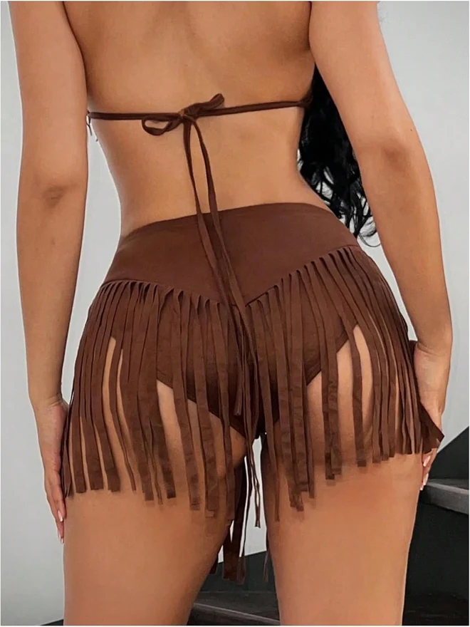 Suede Fringe Western Cowgirl Mini Skirt Brown by OYOANGLE, photograph 2 of 4