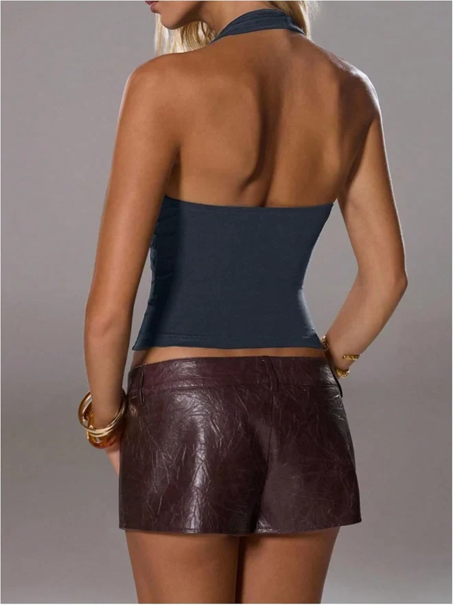 Open Back Ring Linked Y2k Halter Going Out Tops Dark Grey by OYOANGLE, photograph 3 of 4