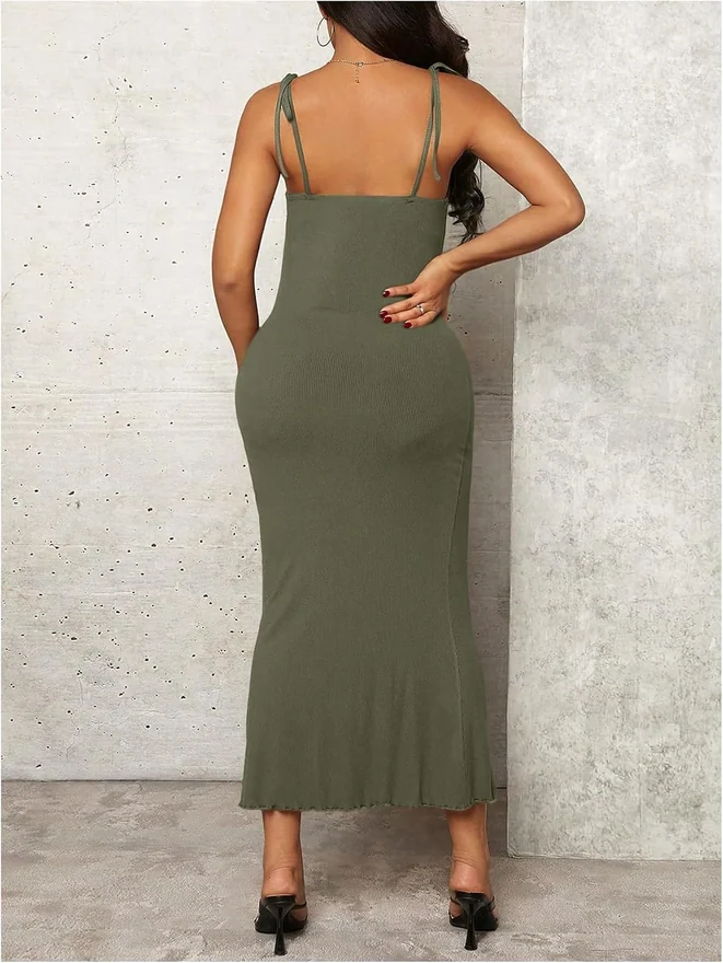 Maternity Ribbed Knit Bodycon Cami Midi Dresses Army Green by OYOANGLE