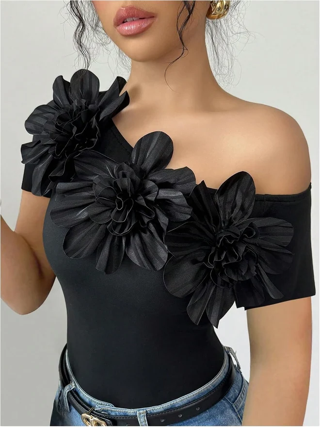 3D Floral Off The Shoulder Tops Short Sleeve Dressy Shirts by OYOANGLE, photograph 4 of 4