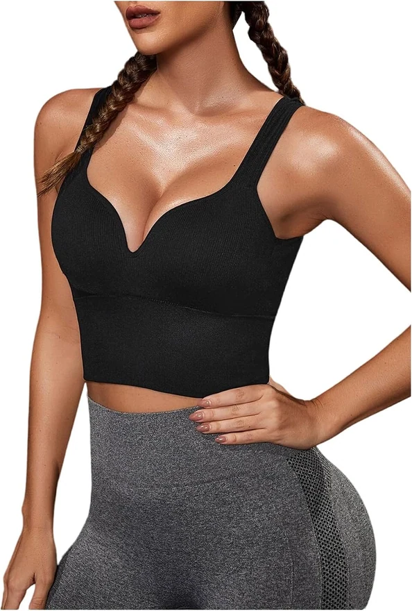 Plunge Neck Wide Strap Sports Bra Medium Support Padded Running by OYOANGLE